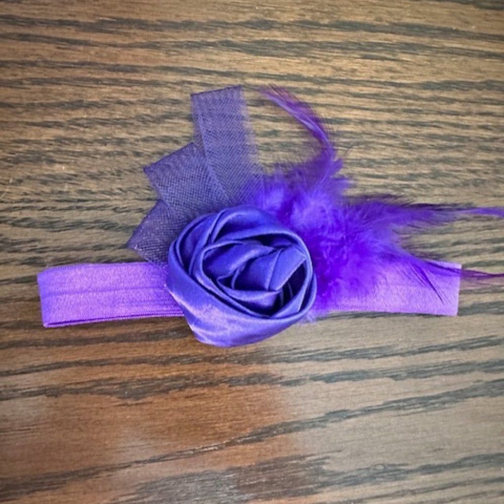 Purple Feather with Rolled Rose headband  HB4565  Handmade NWT Boutique